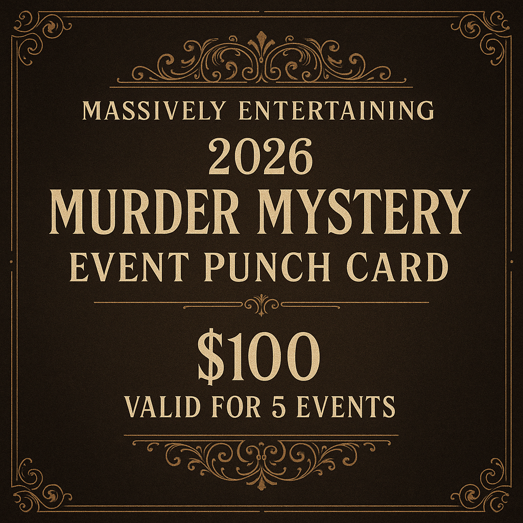 2026 Murder Mystery Event Punch Card with decorative text on a black background